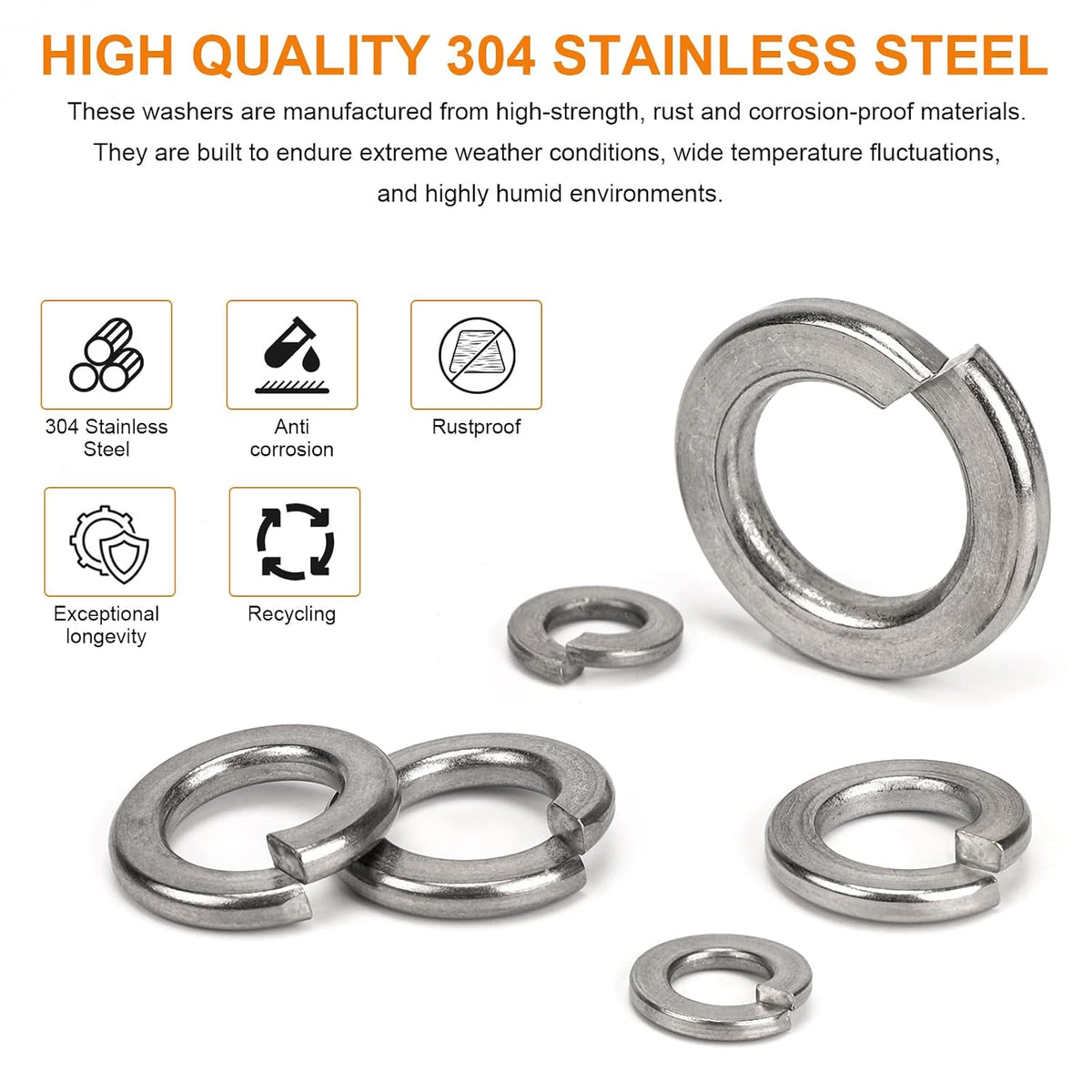 530Pcs Metric & SAE Spring Lock Washer Kit 304 SS M3-M10 6#-3/8"