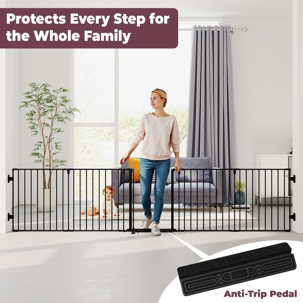 127.5" Extra Wide Baby Gate for Fireplace Christmas Tree, Configurable 5 Metal Panels Baby Fence, Child Gate for Wide