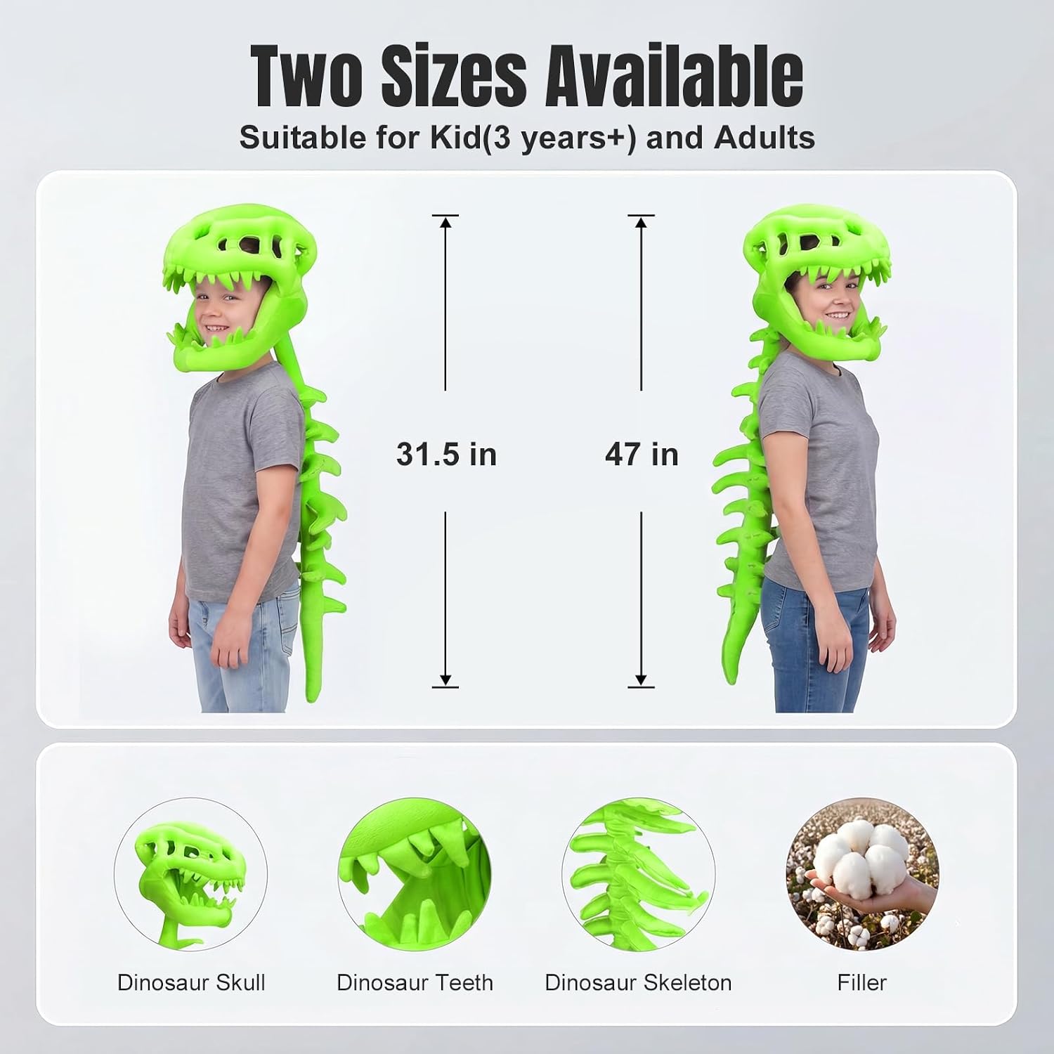 Dinosaur Skeleton Costume for Kids, Cozy Plush 3D Dino Toy Skull & Spine, Dinosaur Outfit for Halloween Cosplay Props