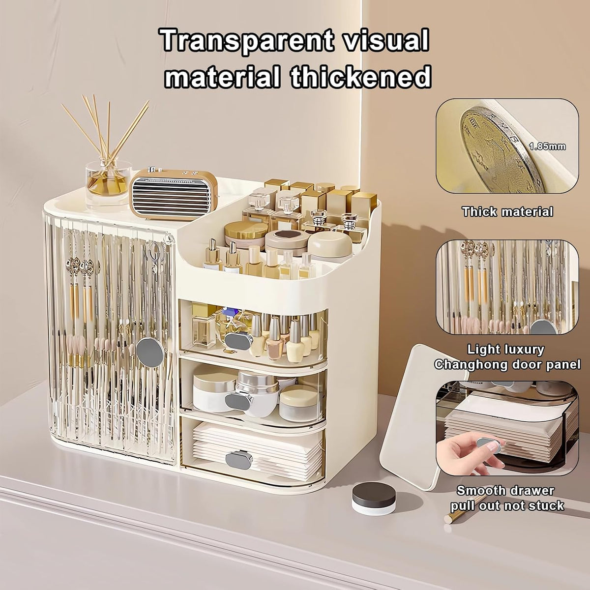 Makeup Organizer for Vanity,Large Capacity Makeup Storage Organizer with 3-Layer Drawers and Mirror,Cosmetics Display
