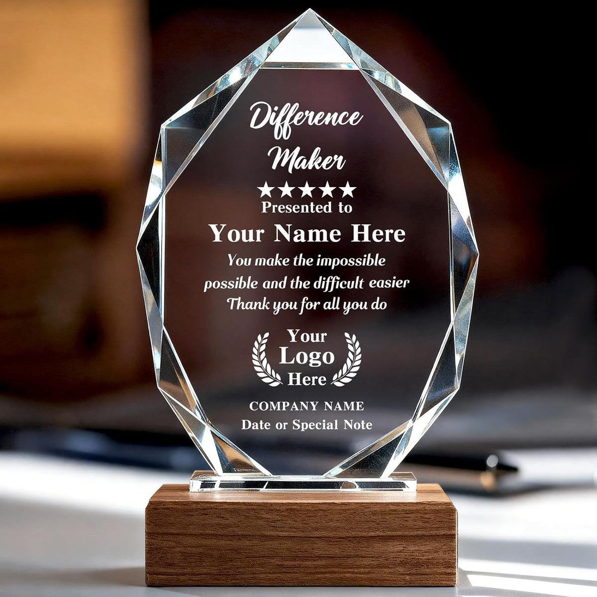 Custom Crystal Trophy Award with Wood Base, Personalized Engraved Text and Logo on Glass Plaque, Appreciation Gift