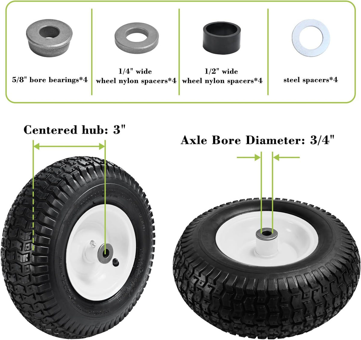 (2 Pack) 13x5.00-6 Pneumatic Tire and Wheel Replacement | 13 Inch Lawn Mower Tire with 3/4" & 5/8" Bushing for Riding