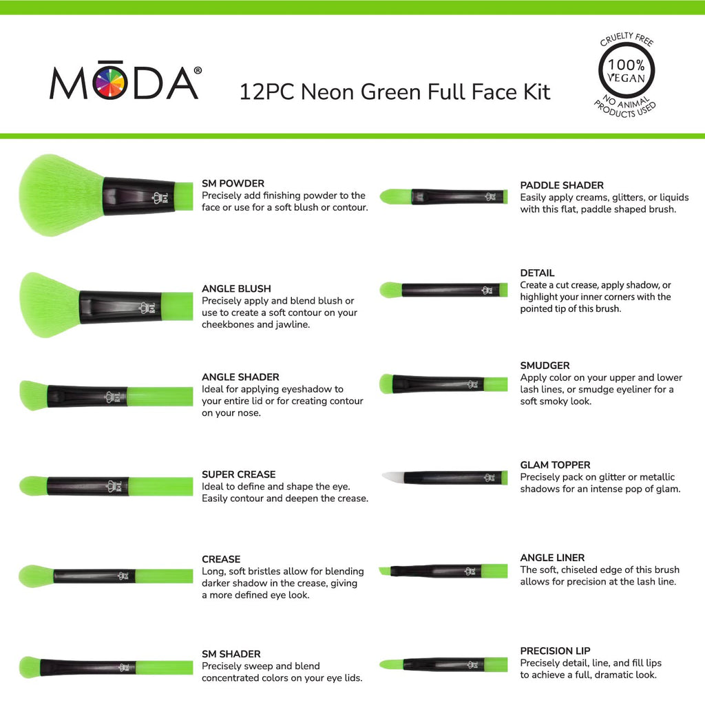 Neon Green Makeup Brush Set, 12pc Vegan Face and Eye Brush Kit