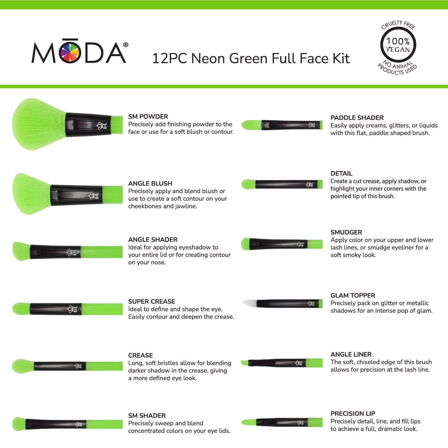 Neon Green Makeup Brush Set, 12pc Vegan Face and Eye Brush Kit