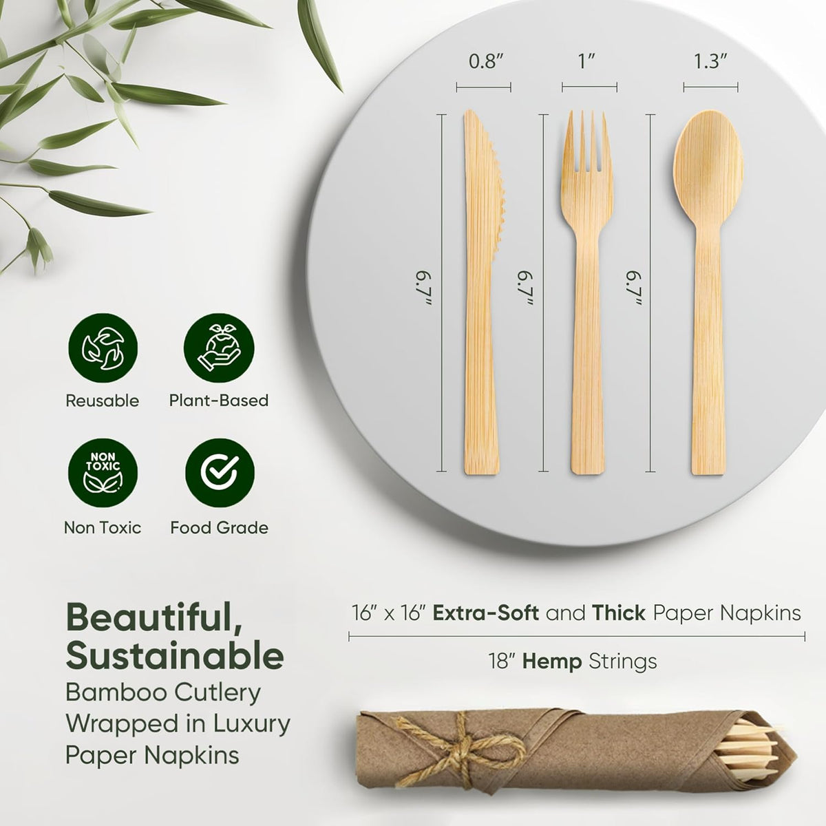 Brown Pre Rolled Napkin and Bamboo Cutlery Set (50 Pack, 200 PCS)