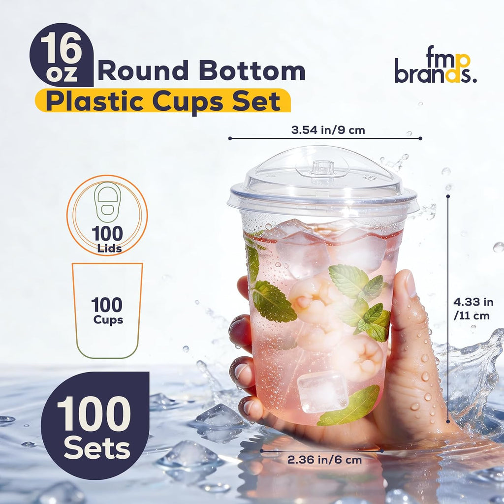100 Pack 16 oz Round Bottom Clear Plastic Cups with Strawless Sip Lids, Disposable Iced coffee cups with lids