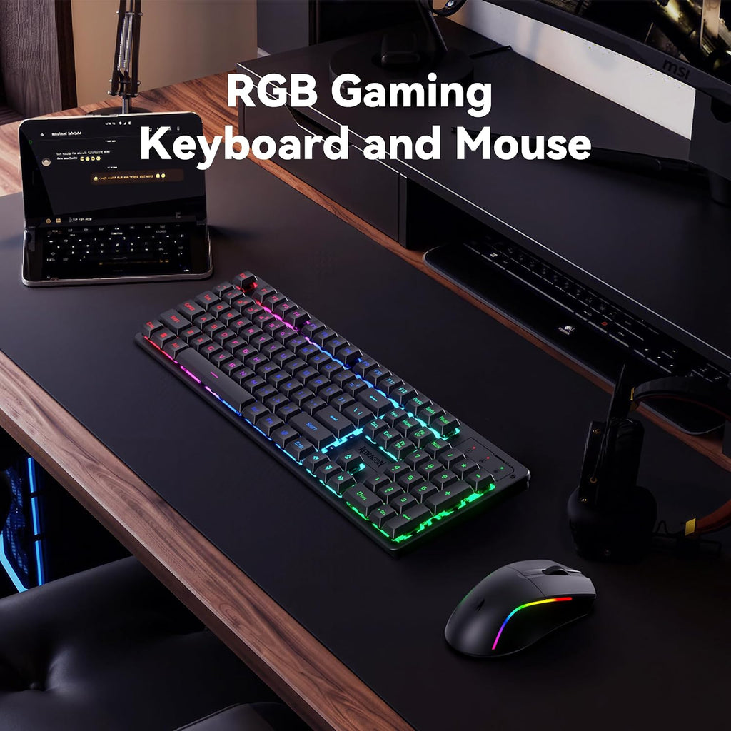 S107KS Wireless Gaming Keyboard and Mouse, RGB Backlit, 3 Mode (Wired/2.4G/BT), Up to 10,000 DPI Gaming Mouse with
