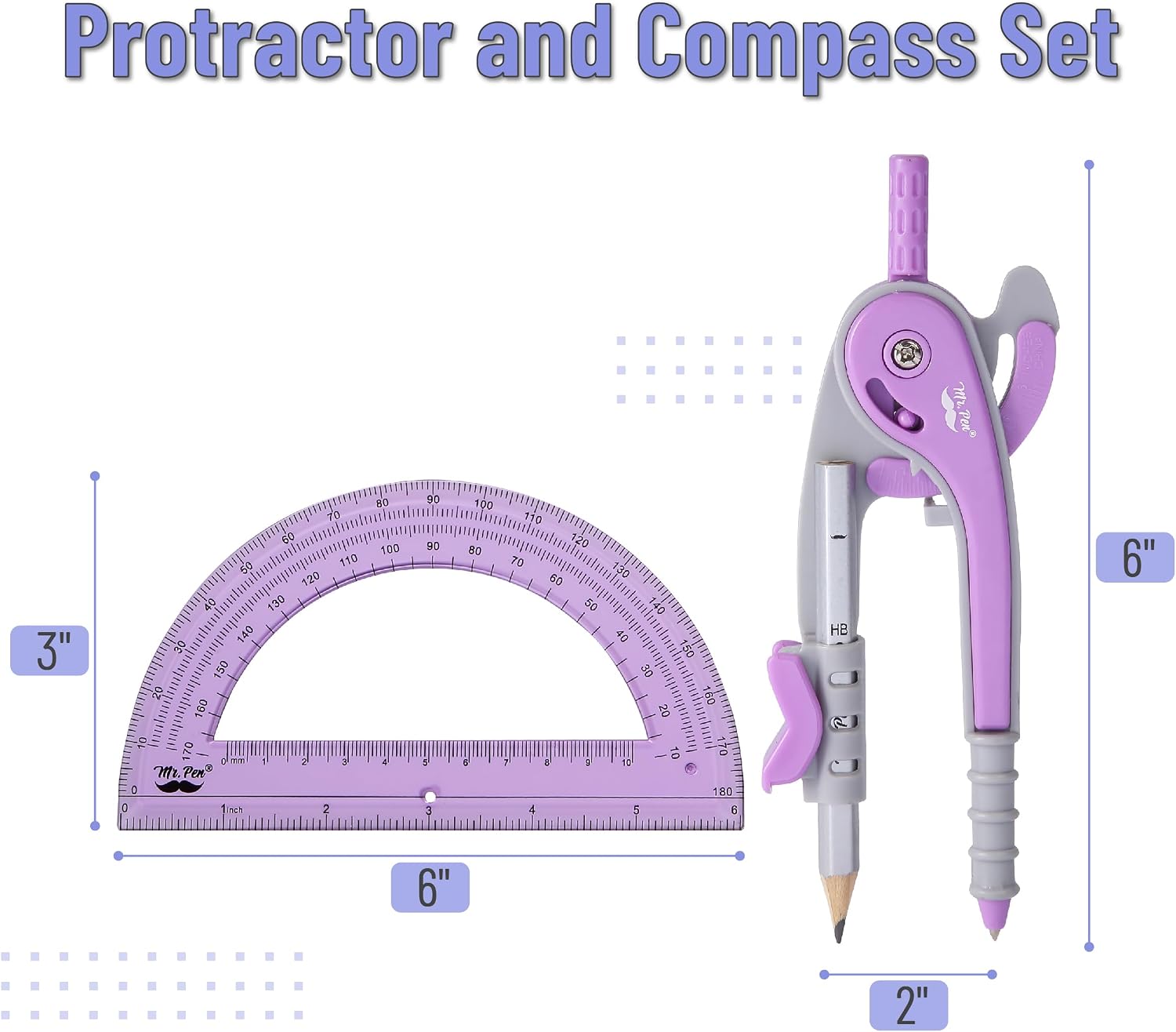 Geometry Compass and Protractor Set, 6 Inch Compass | 6 Inch Protractor, Drawing Tool for School, Clear Plastic, Easy