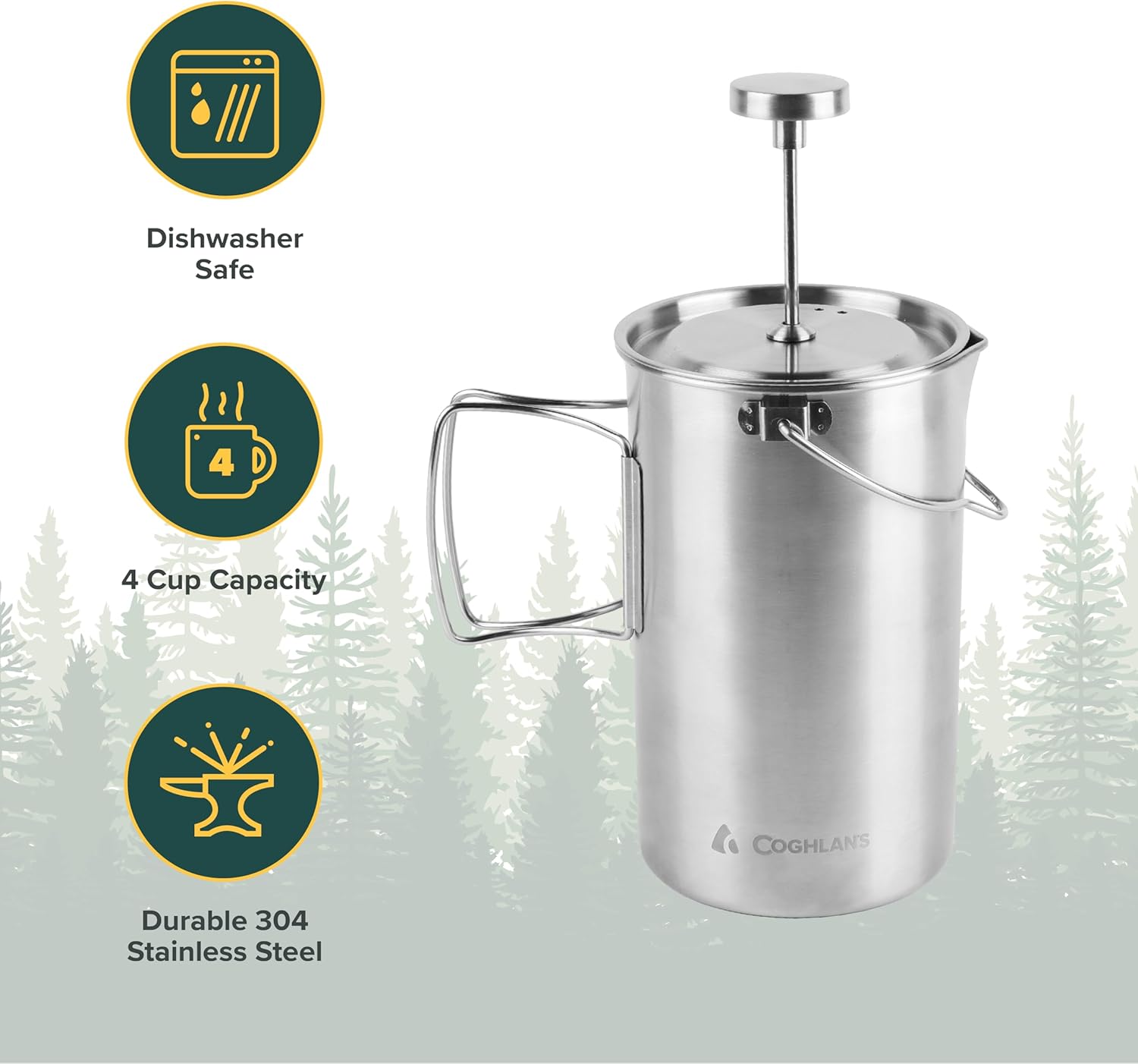 Stainless Steel French Press Coffee Maker – 4-Cup (32 oz), Campfire & Stovetop Safe, Portable & Durable – Fine Mesh