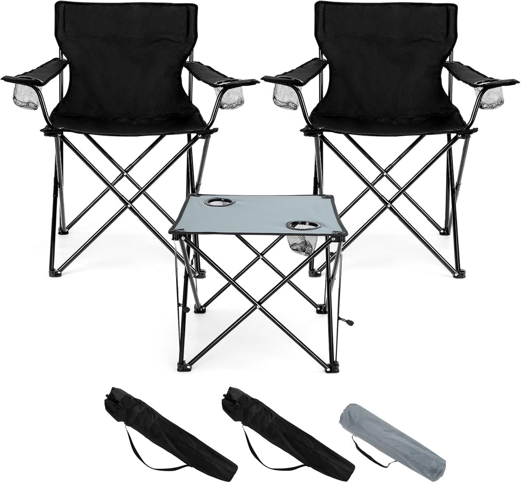 Folding Camping Chair Set of 3, Foldable Black Camp Chairs & Grey Table, Large Lawn Chair Portable for Adults Hiking
