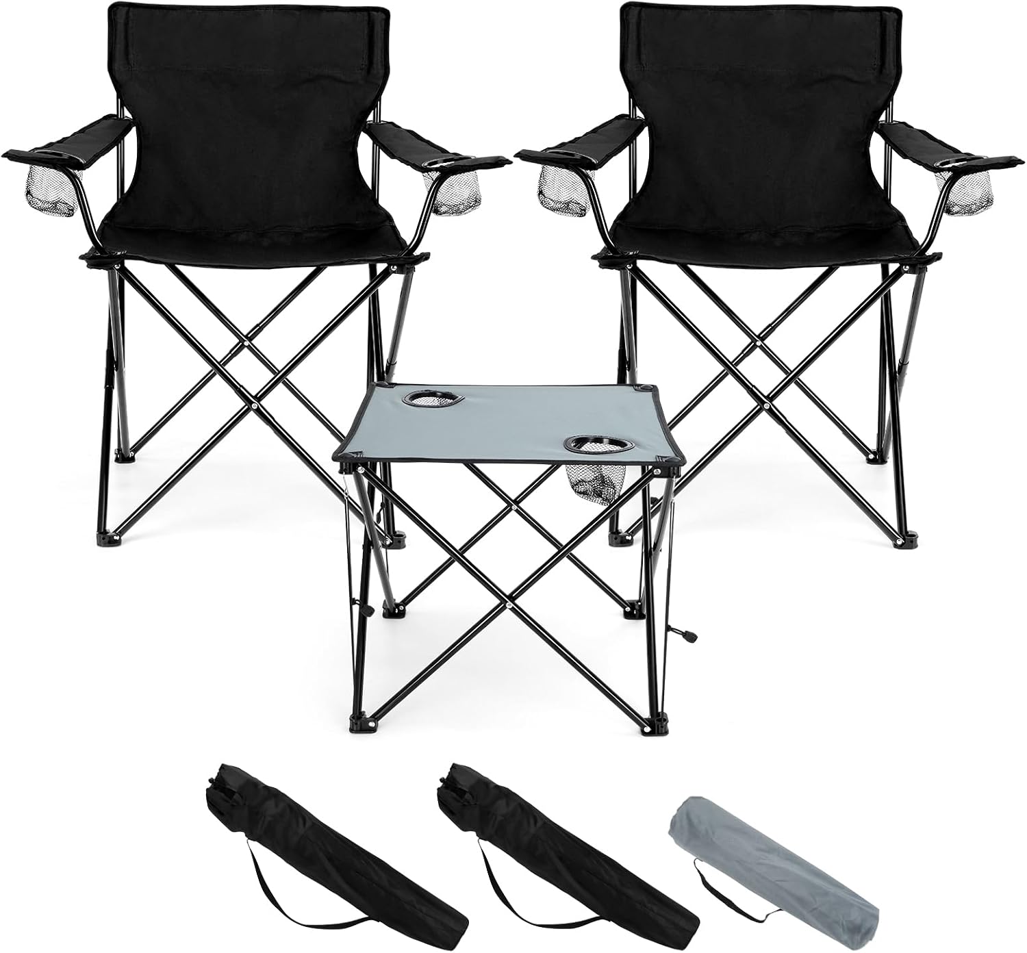 Folding Camping Chair Set of 3, Foldable Black Camp Chairs & Grey Table, Large Lawn Chair Portable for Adults Hiking