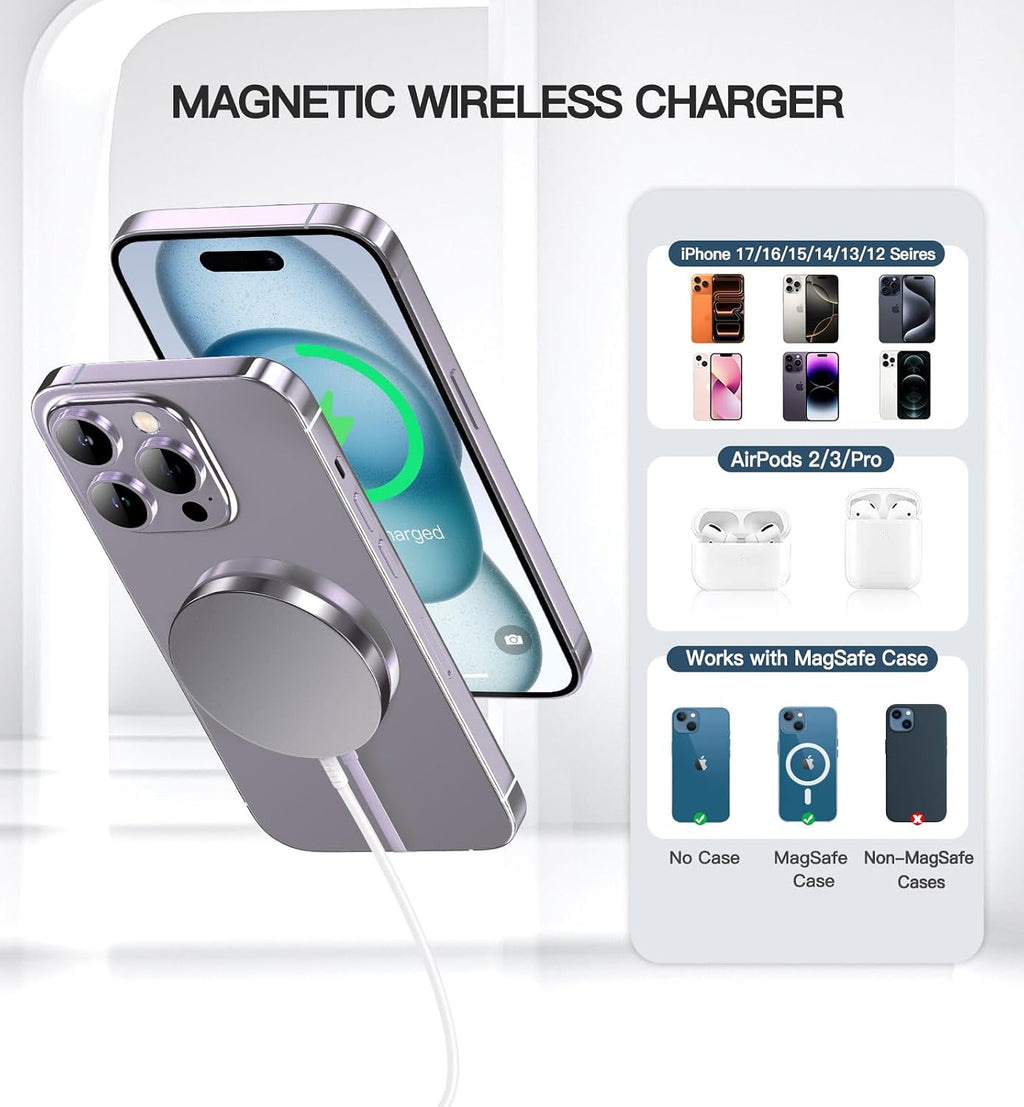 Magnetic Wireless Charger, 2-Pack 15W Fast Mag-Safe Stand for iPhone 17-12 | Fast Magnetic Wireless Charging Pads for