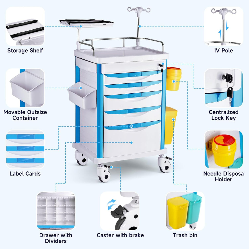 Medical Carts with Wheels, 5-Tier Drawers, Adjustable IV Pole, Silent Casters, Trash Bins, O2 Holder, Needle Disposal