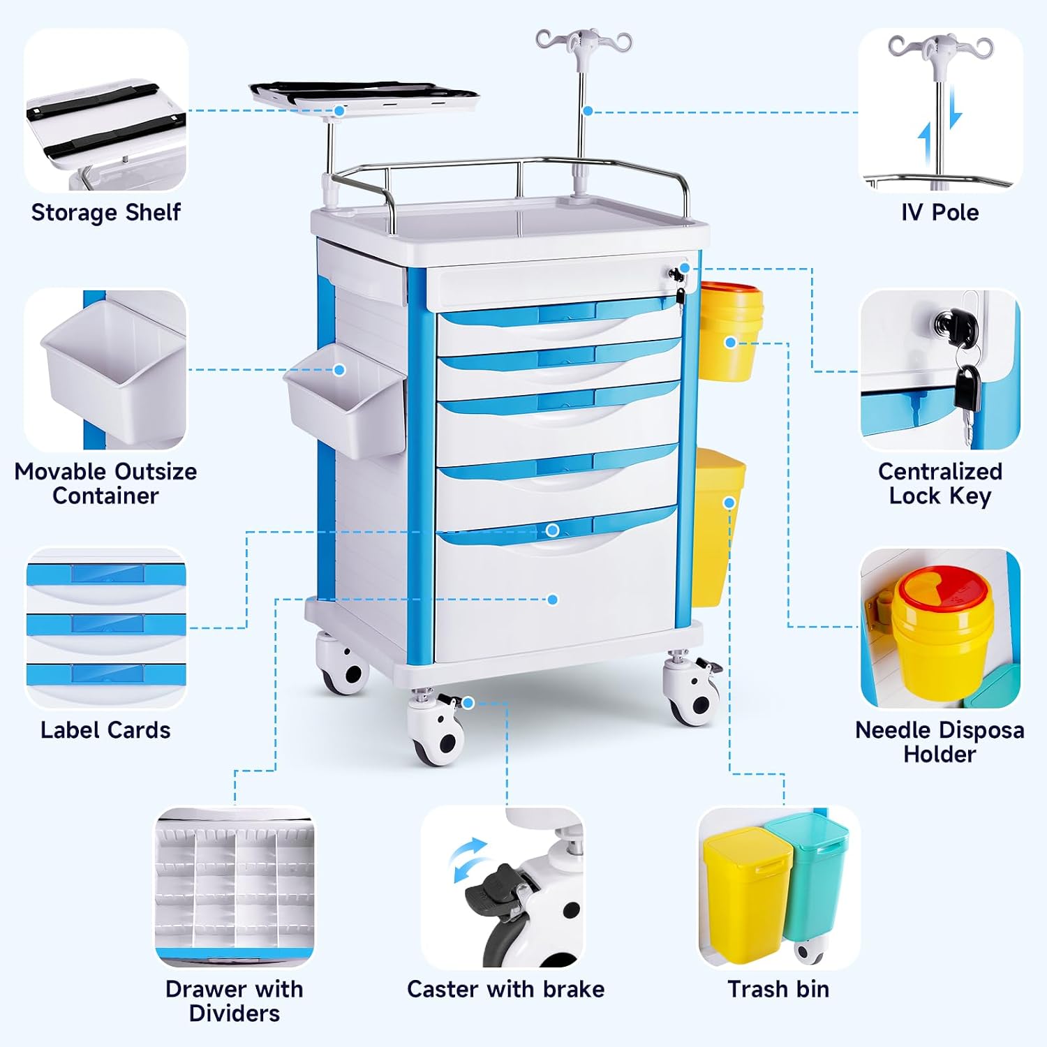 Medical Carts with Wheels, 5-Tier Drawers, Adjustable IV Pole, Silent Casters, Trash Bins, O2 Holder, Needle Disposal