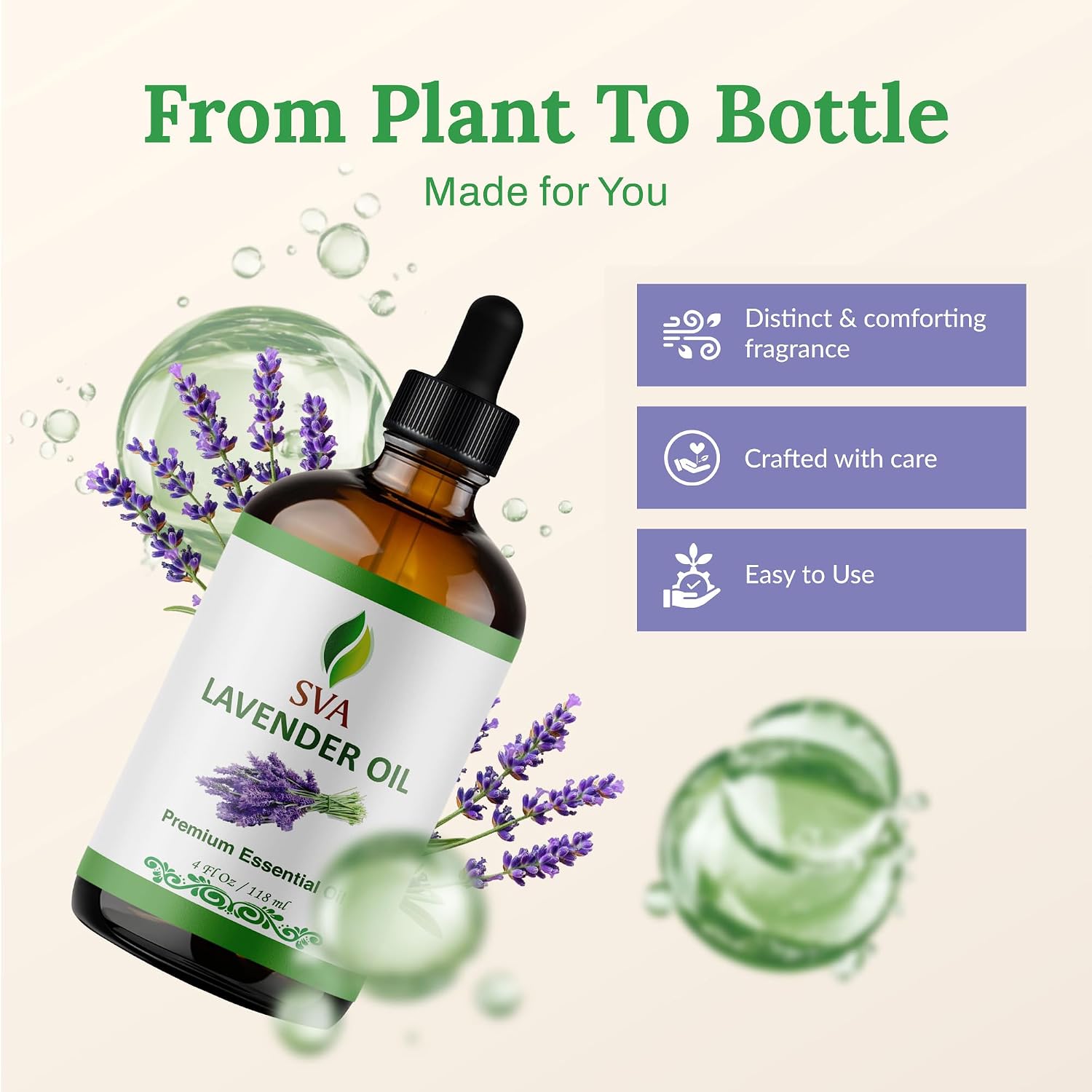 SVA Lavender Essential Oil, Glass Bottle with Dropper, 4 Fl Oz (118 ml) | Lavender Oil for Diffuser, Humidifier