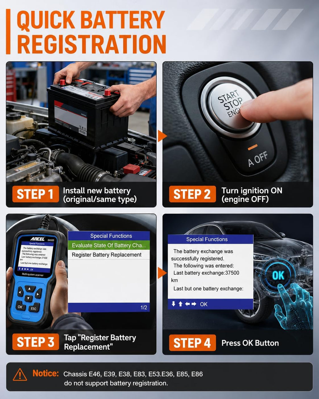 BM500 OBD2 Scanner for BMW & MINI, Simplified Battery Registration, EPB, Oil, Throttle, PCM Resets, I/M Readiness