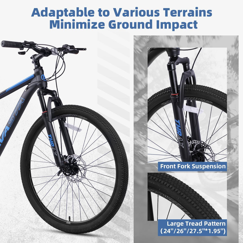 Thrax 24 26 27.5 Inch Adult Men Male and Women MTB Mountain Bike | High Tensile Steel Frame, Dual Disc Brakes, Front