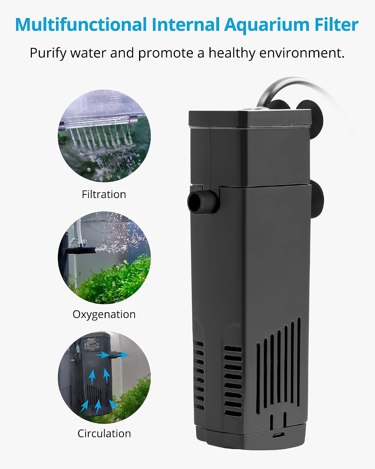 Internal Aquarium Filter for Fish Tank up to 10 Gallons, 53 GPH | Dual Water Outlet Design, Better Water Circulation
