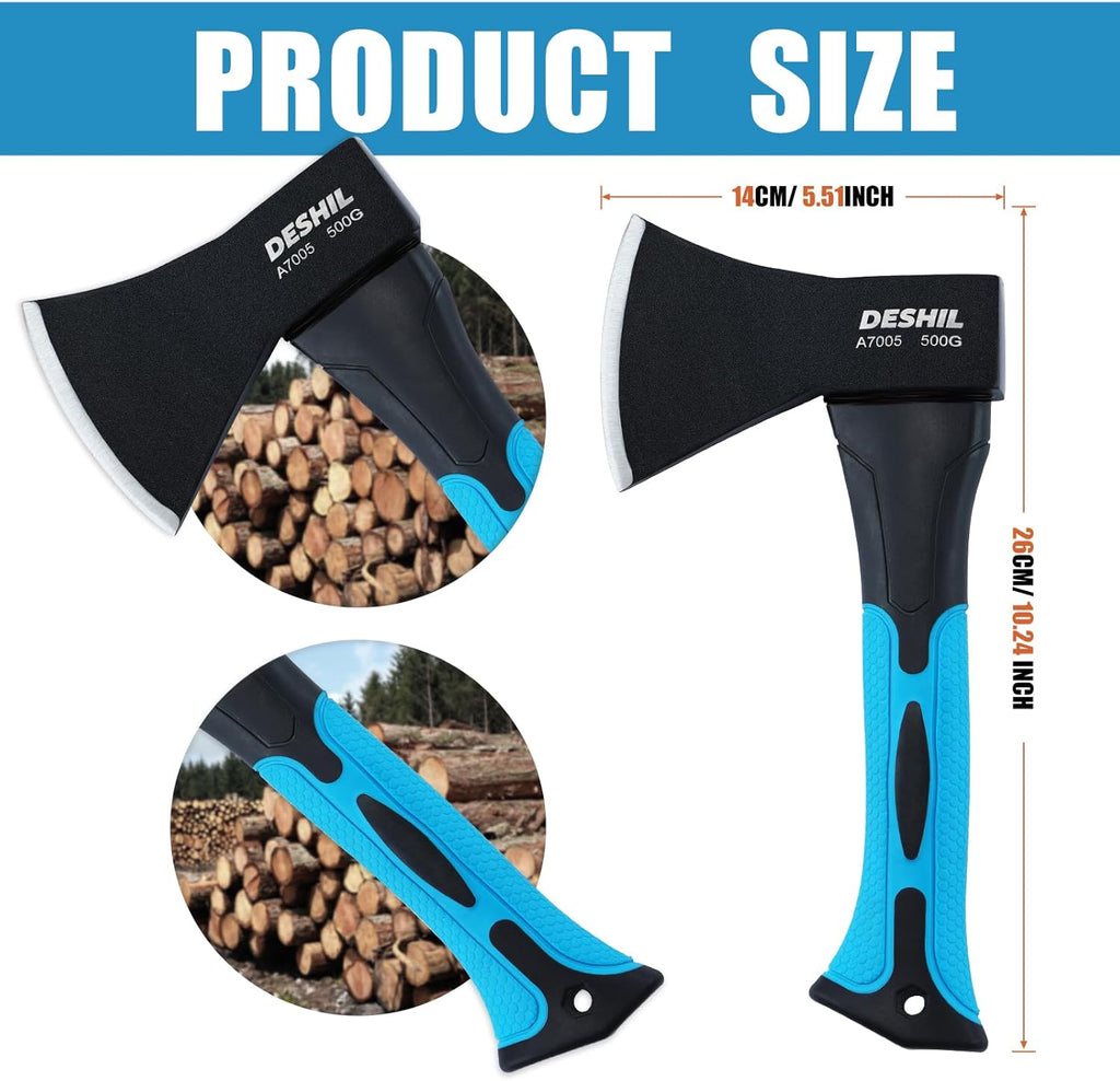 10 inch Outdoor Hatchet Axe Mini Camping Axe with Sheath-Blue | Fiberglass Shock Reduction Handle with Anti-Slip Grip