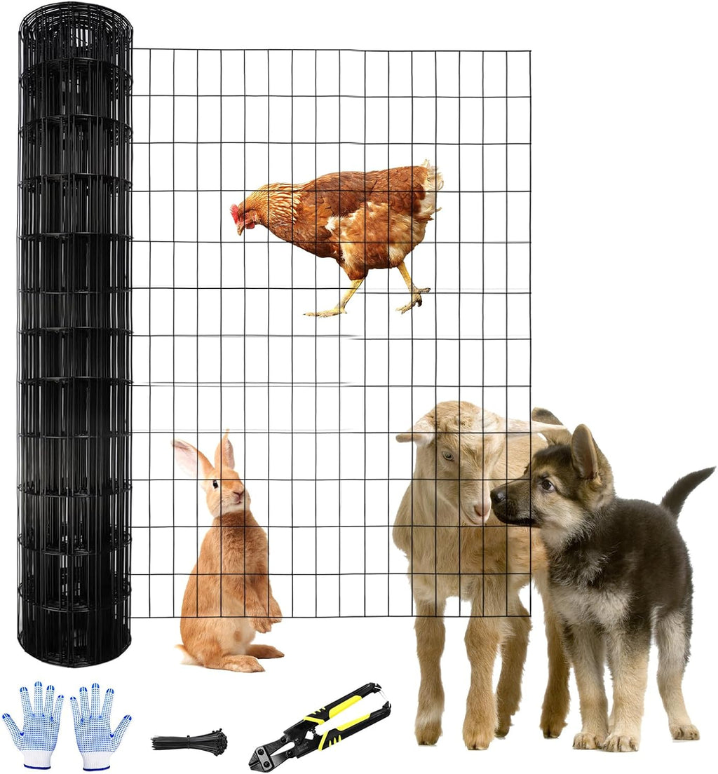 4 ft x 100 ft Black PVC Coated Welded Wire Fence, 16GA Garden Chicken Wire Fence Roll, Mesh Size 2" x 4" Hardware