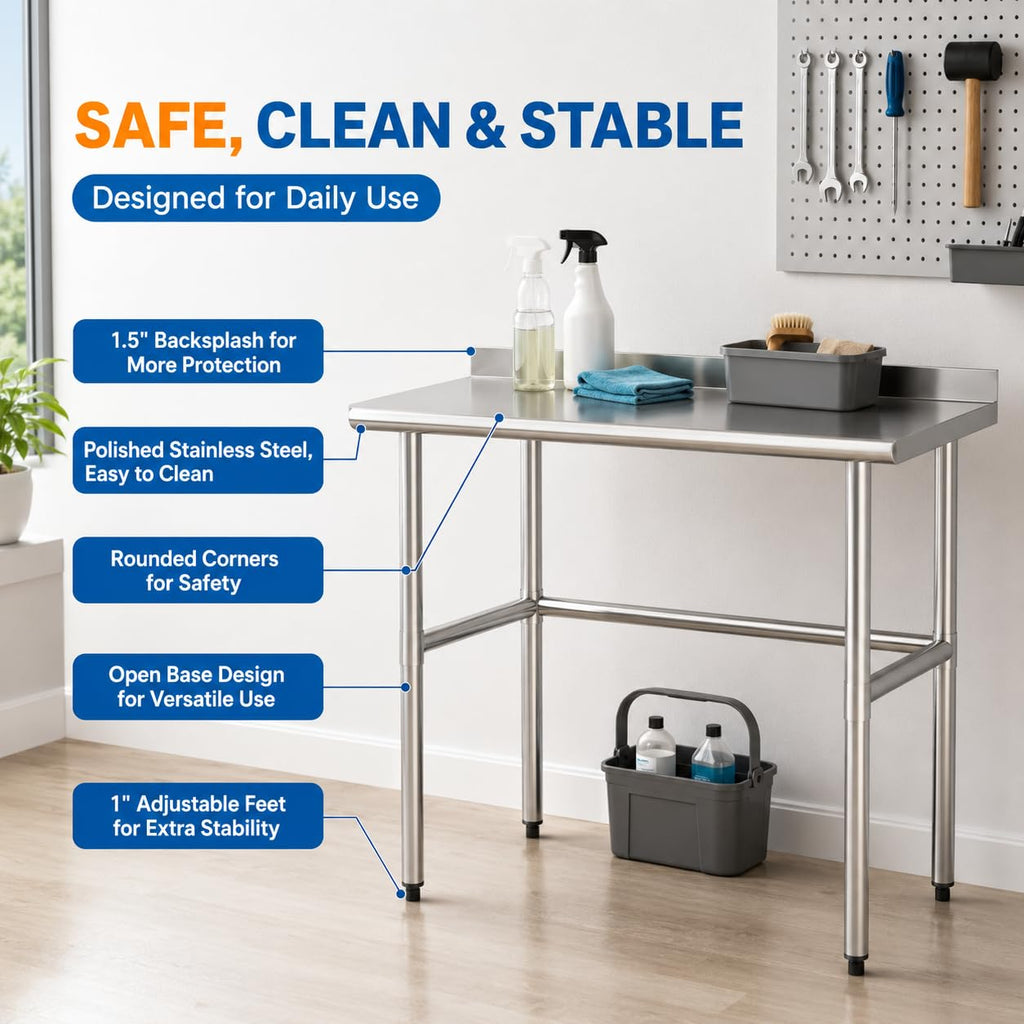 Open Base Stainless Steel Work Table with Backsplash, 24x48 Inch