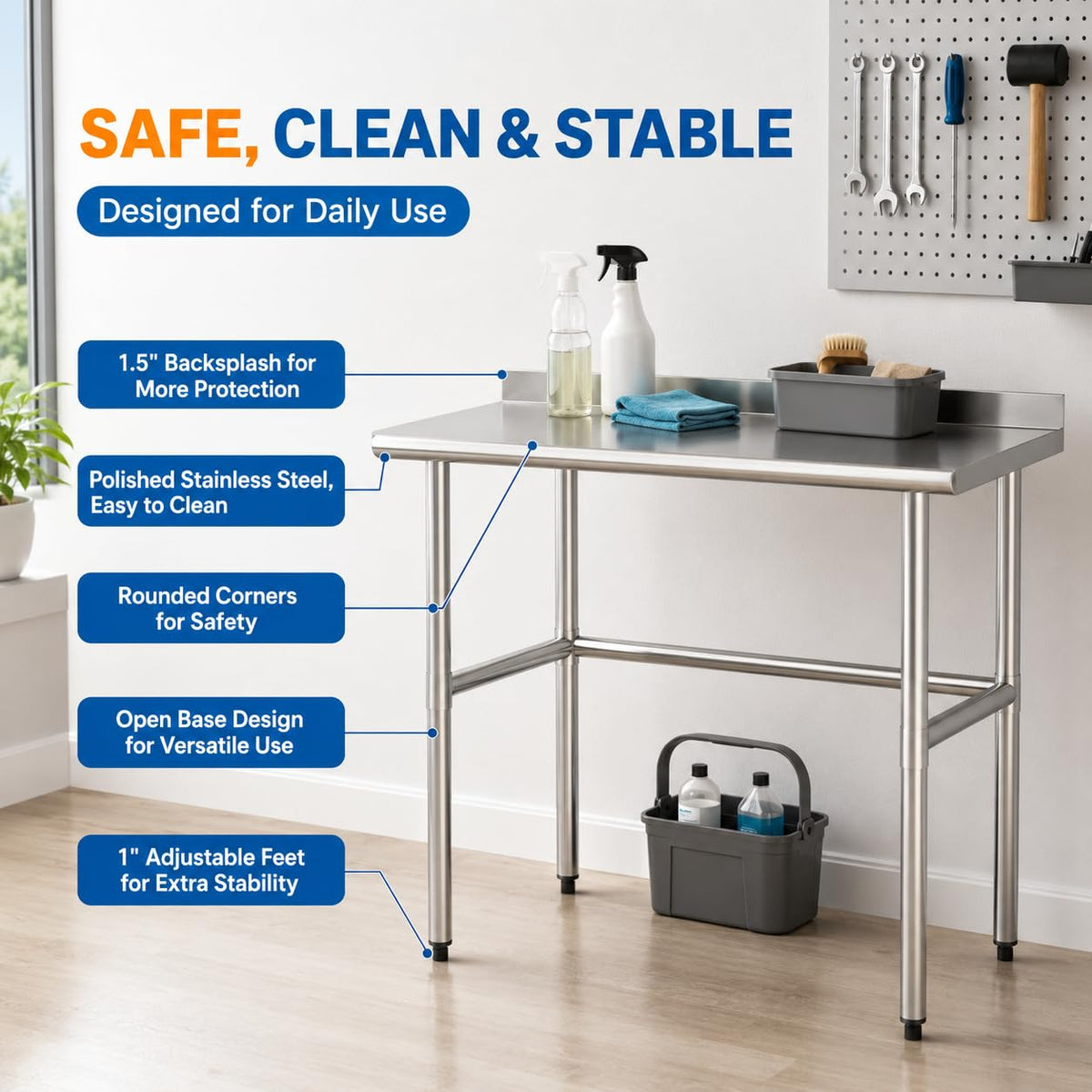 Open Base Stainless Steel Work Table with Backsplash, 24x48 Inch