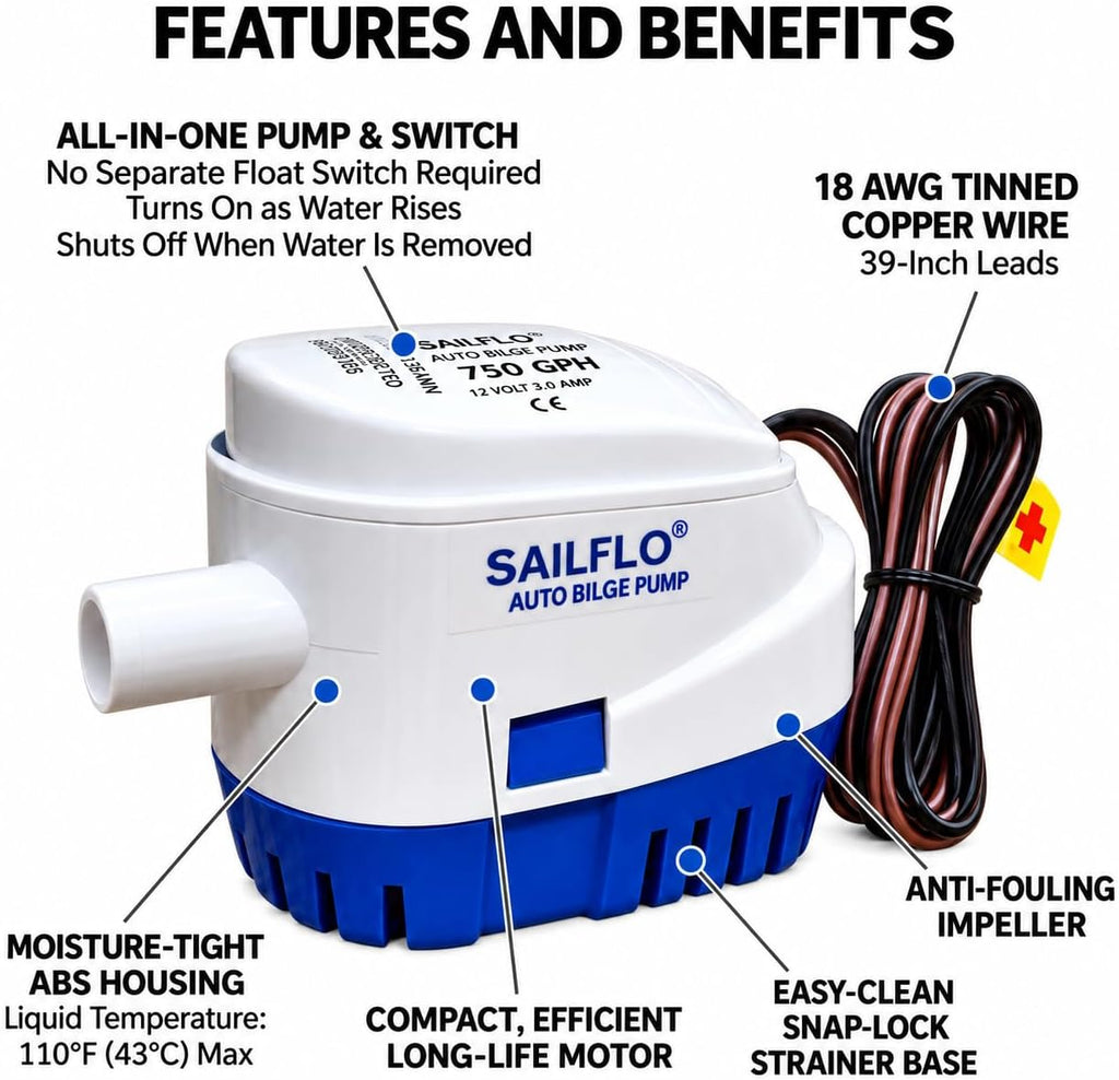 Automatic Bilge Pump for Boats 750 GPH (3/4" Hose Outlet) 12 Volt Auto Bilge Pump with Built-In Float Switch