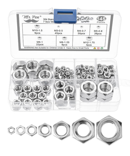 Metric Hex Nuts Assortment Kit, 145 pcs, Stainless Steel
