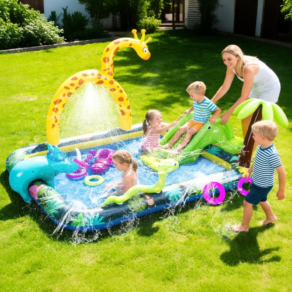 Inflatable Jungle Animal Play Center, Inflatable Water Park Kiddie Pool with Slide, Water Sprayer for Summer Outdoor