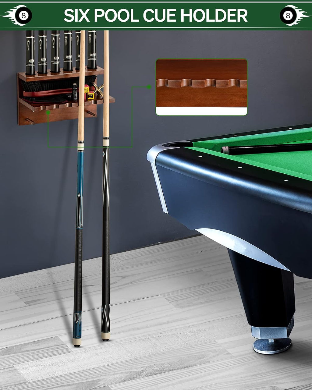 Wall Mount Pool Stick Holder - Billiards Pool Cue Rack Hardwood Pool Cue Set Holder for 6 Cues Sticks Storage Pool