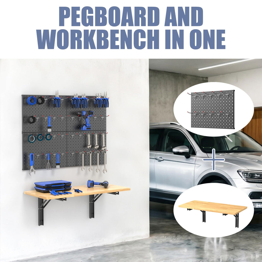 Wall Mount Folding Workbench with Pegboard Kit, Size: 31.5x15.75 in