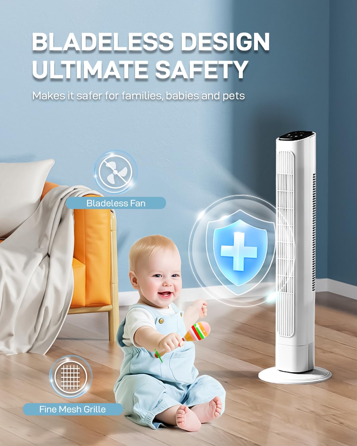 36" Bladeless Tower Fan for Cooling Home Office Bedroom, White