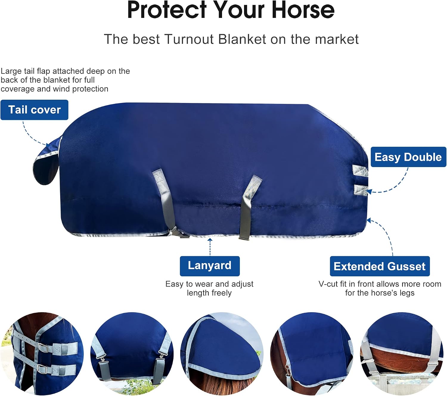 1200D Winter Horse Blanket for Real Horses | Medium Weight Turnout Blanket for All Seasons | 220g | Sizes 72" 78" 81"