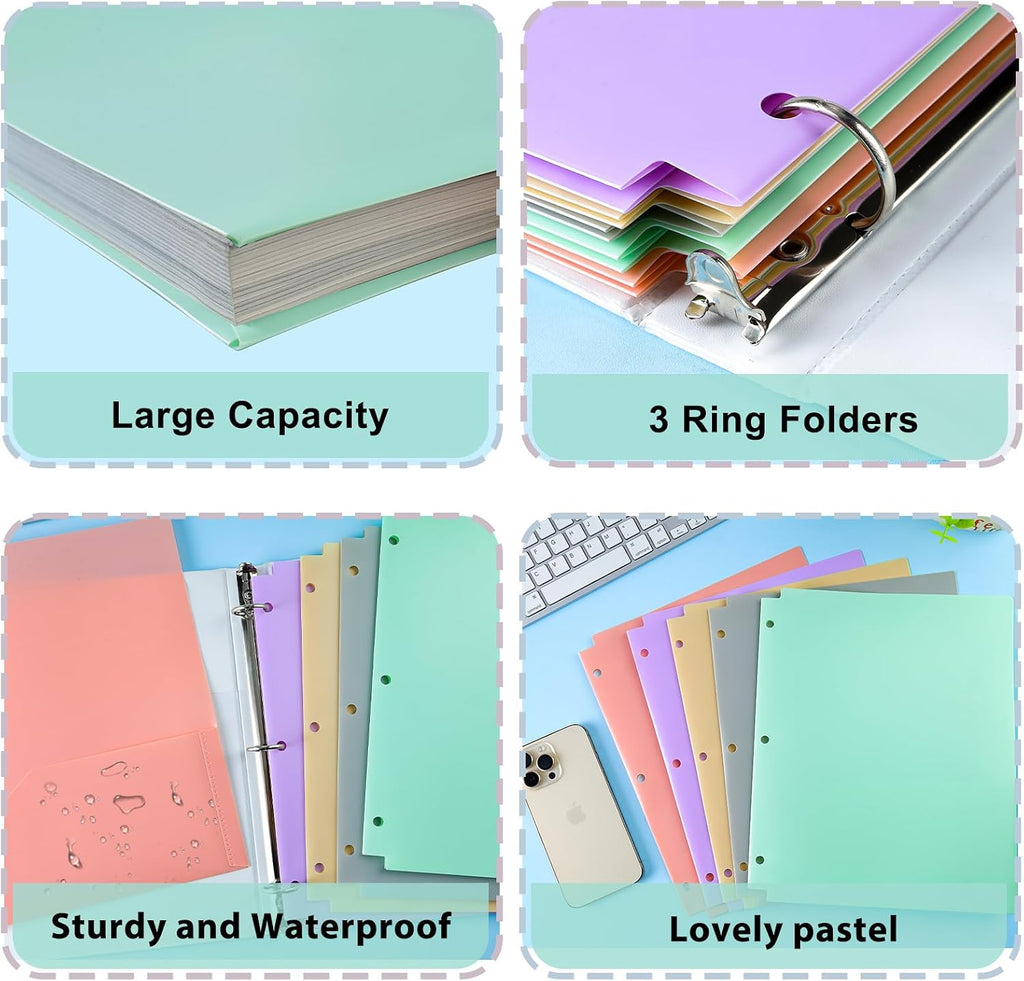 3 Hole Pocket Folders, 5 Pcs Pastel Color, Plastic Folder for 3 Ring Binder | Heavy Duty, with Pockets, 3-Hole