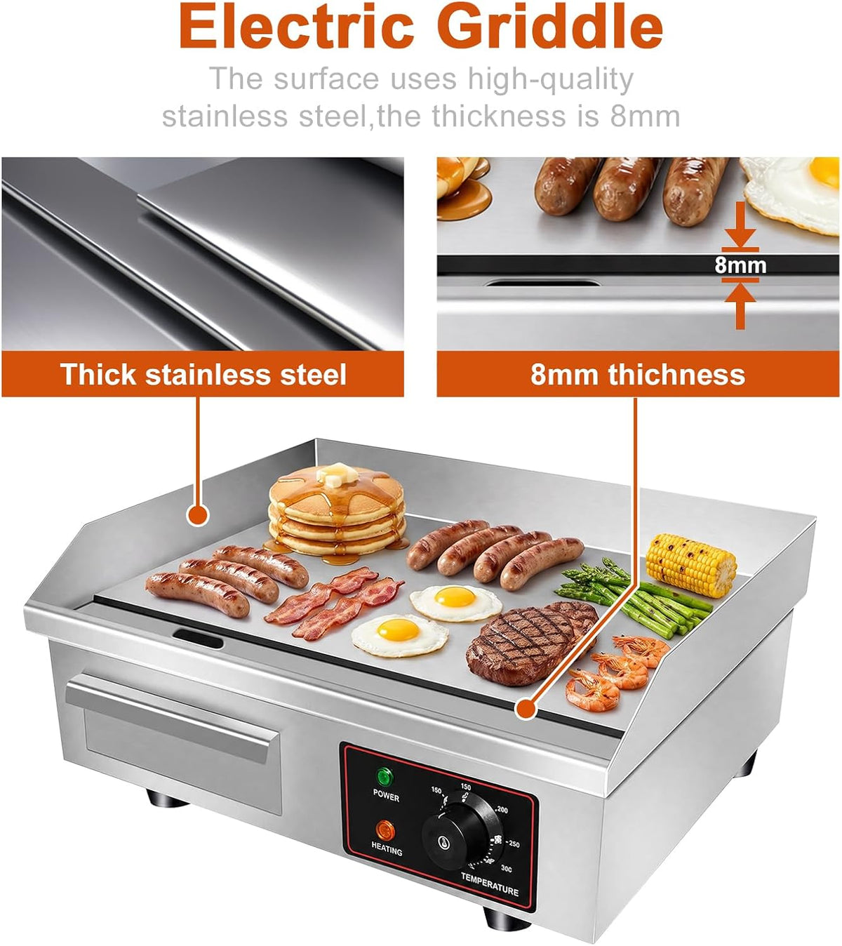 110V 3000W 22" Electric Griddle Grill for Home Commercial,Adjustable Temp
