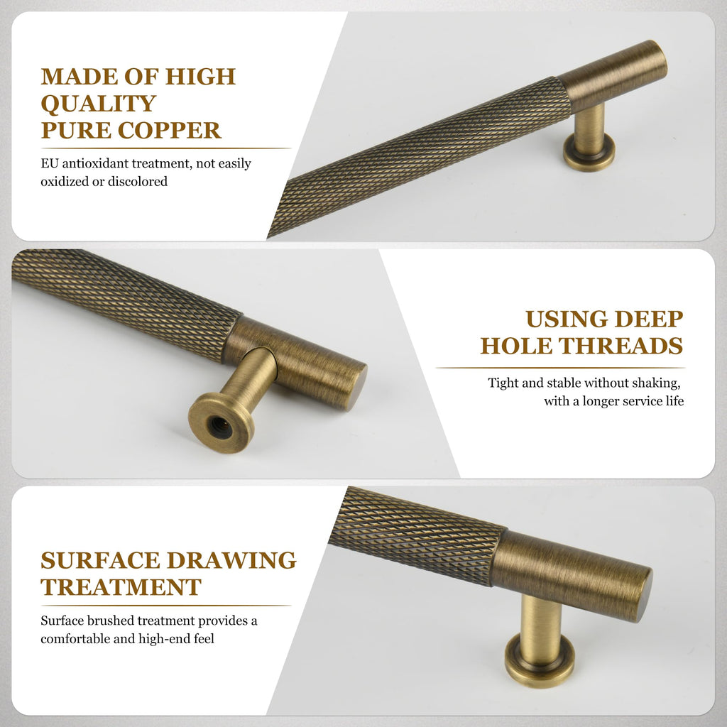6-1/4" Knurled Solid Brass Cabinet Pulls, Antique Brass 5-Pack