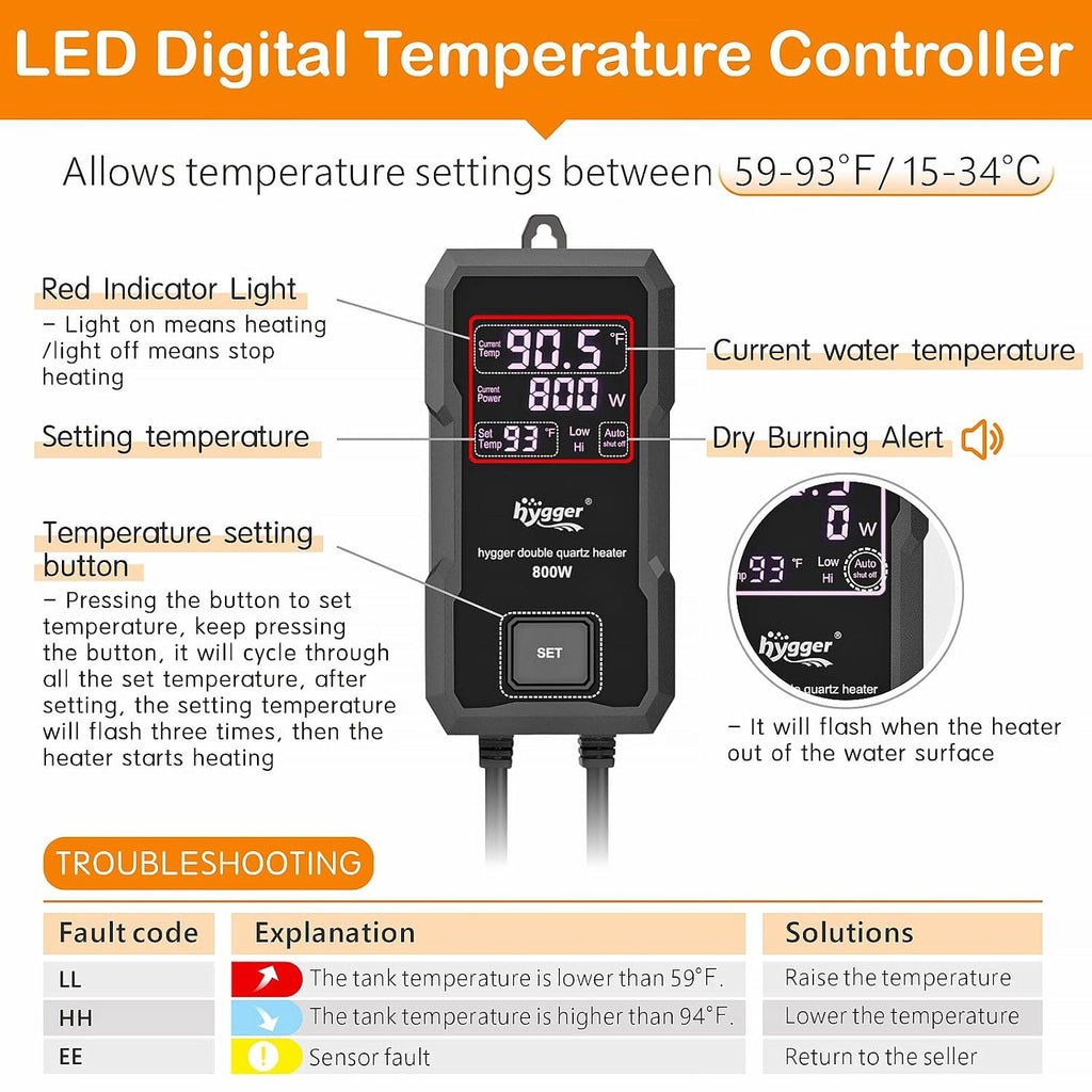 Aquarium Heater 300W/500W/800W/1000W, Submersible Fish Tank Heater