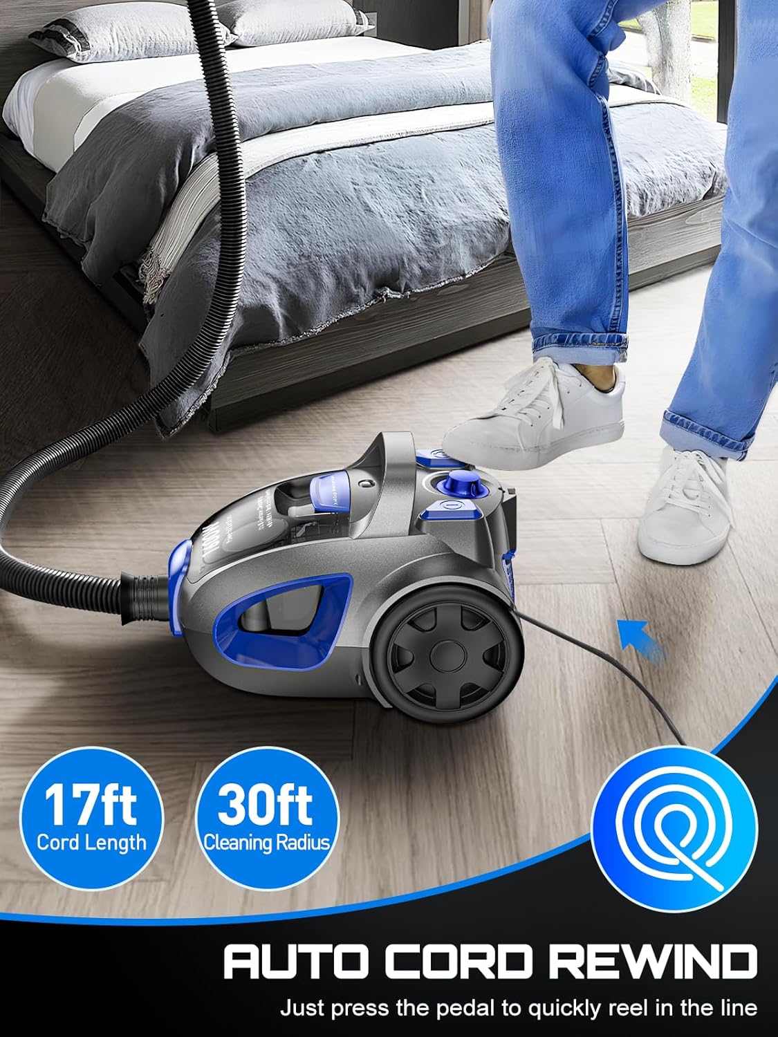 Canister Vacuum Cleaner, 32Kpa 1600W Cyclon Power Bagless Canister Vacuum Cleaners for Home, 3.7QT Large Dust Cup