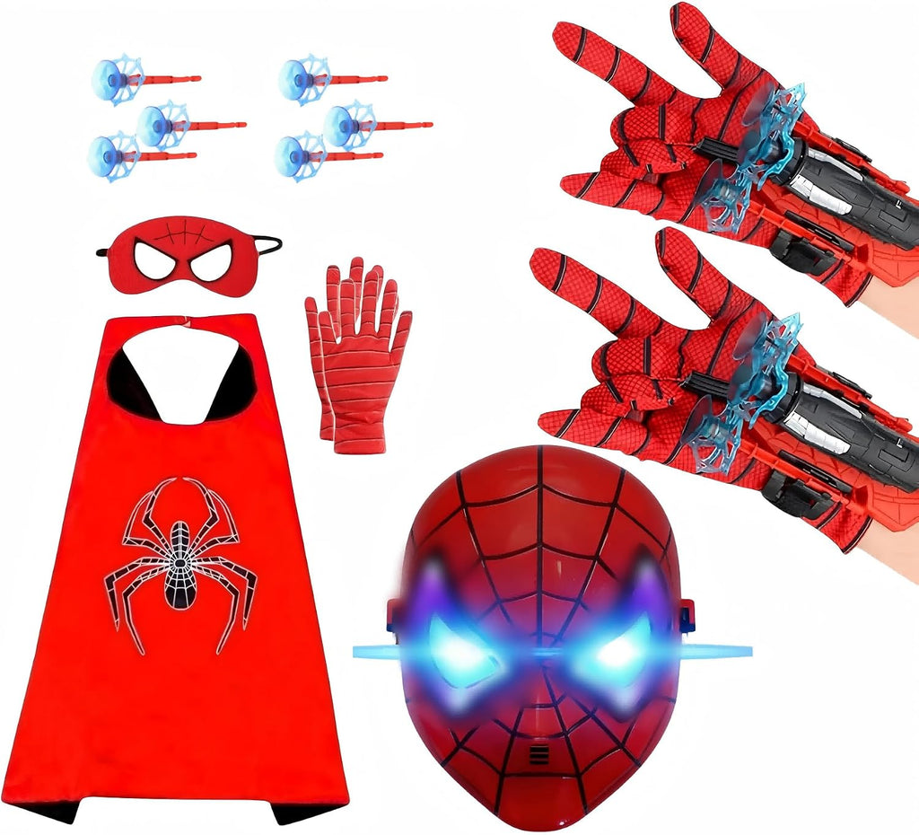 Superhero Costume for Kids, LED Mask, Cape and Web Shooter Set
