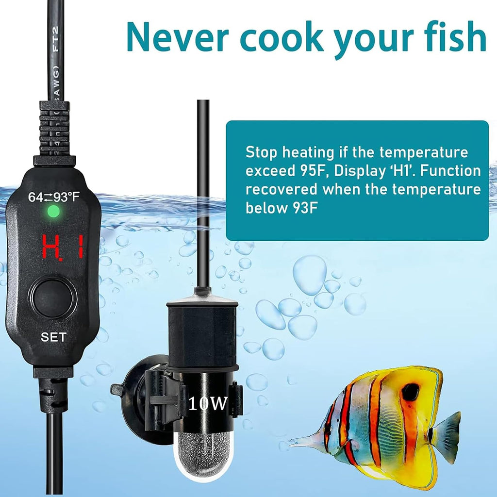 USB 10W Mini Submersible Aquarium Heater Adjustable Fish Tank Heater | Used for 0.5-1 Gallons, Built-in Thermometer
