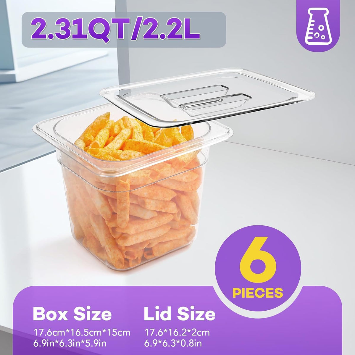 6 Pack Plastic Food Pan with Lids 1/6 Size 6 Inch Deep