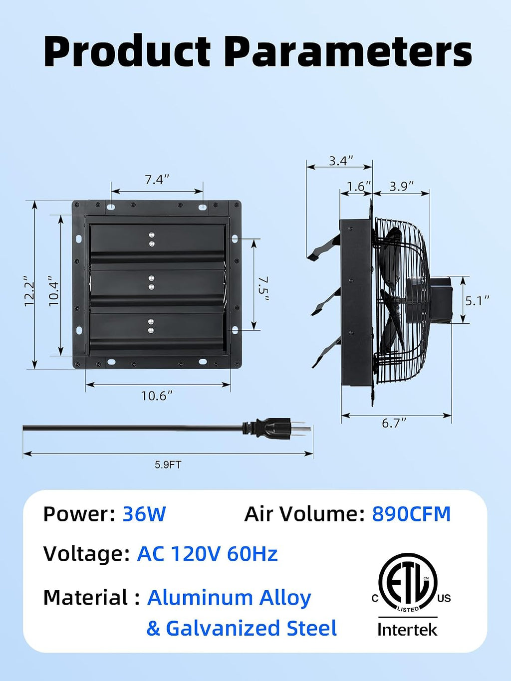 10 Inch Shutter Exhaust Fan for Garage, 890 CFM, Plug & Play