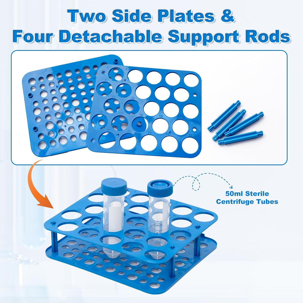 25-Well Centrifuge Tube Rack, Detachable Stand, φ1.02 inch, 5 PCS | Lab-grade Polypropylene, Individual Packaged, Blue