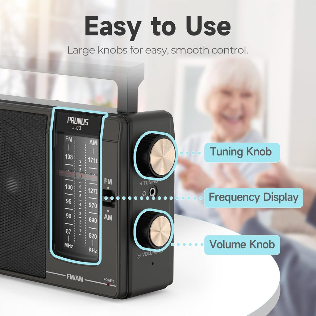 J03 AM FM Radio Portable Plug in Wall or AA Battery Operated for Home/Outdoor, Large Speaker Excellent Sound and