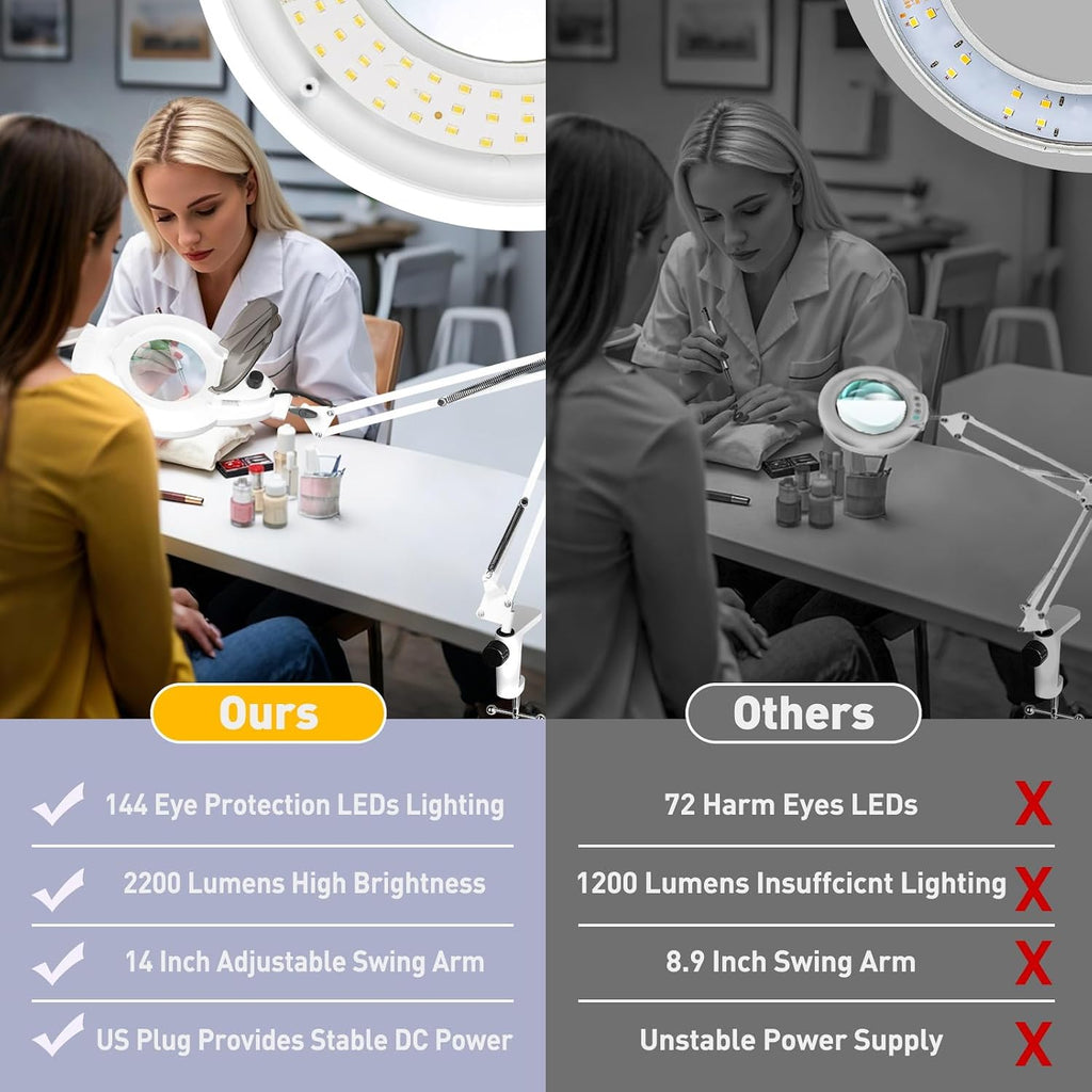 2200 Lumens Magnifying Floor Lamp, 2-in-1 Lighted Desk Magnifier | 144 LED Stepless Dimmable, 10X Real Glass, 4 Wheel