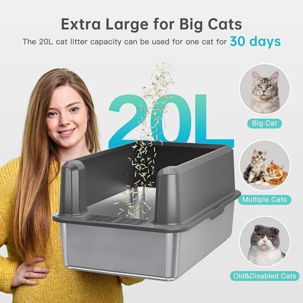 Enclosed Stainless Steel Cat Litter Box with Lid, XL Extra Large Litter Box for Big Cats, Metal Litter Pan High