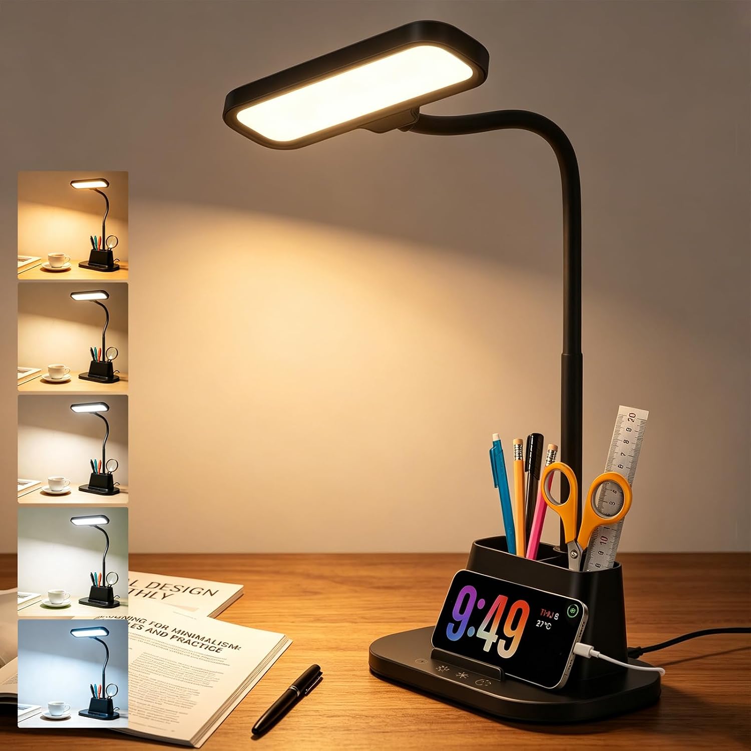 Desk Lamp for Home Office Reading Light with USB Charging Port Black | Small Desk Lamps with Pen Holder, 5 Color