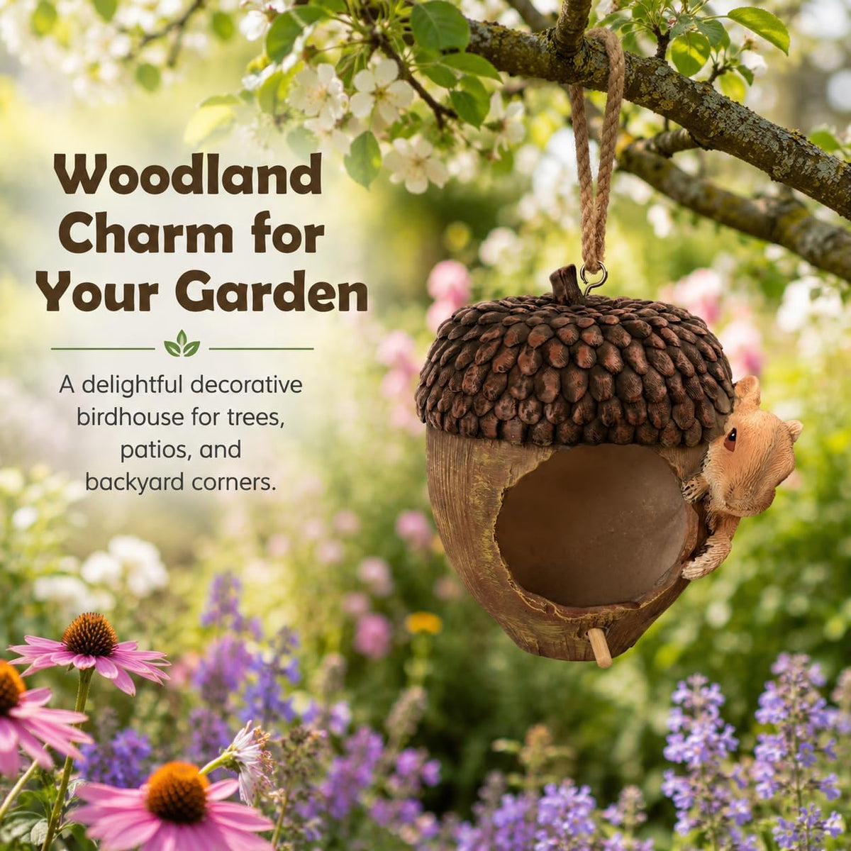 Acorn Bird House for Outside, Hand-Painted Resin Hanging Birdhouse with Squirrel, Weather-Resistant Decorative Bird