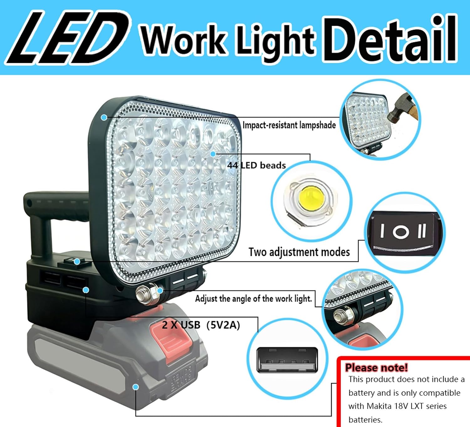 LED Work Light-Compatible with Makita 18V-LXT series batteries,Cordless LED Work Light has 2 USB connectors.Battery