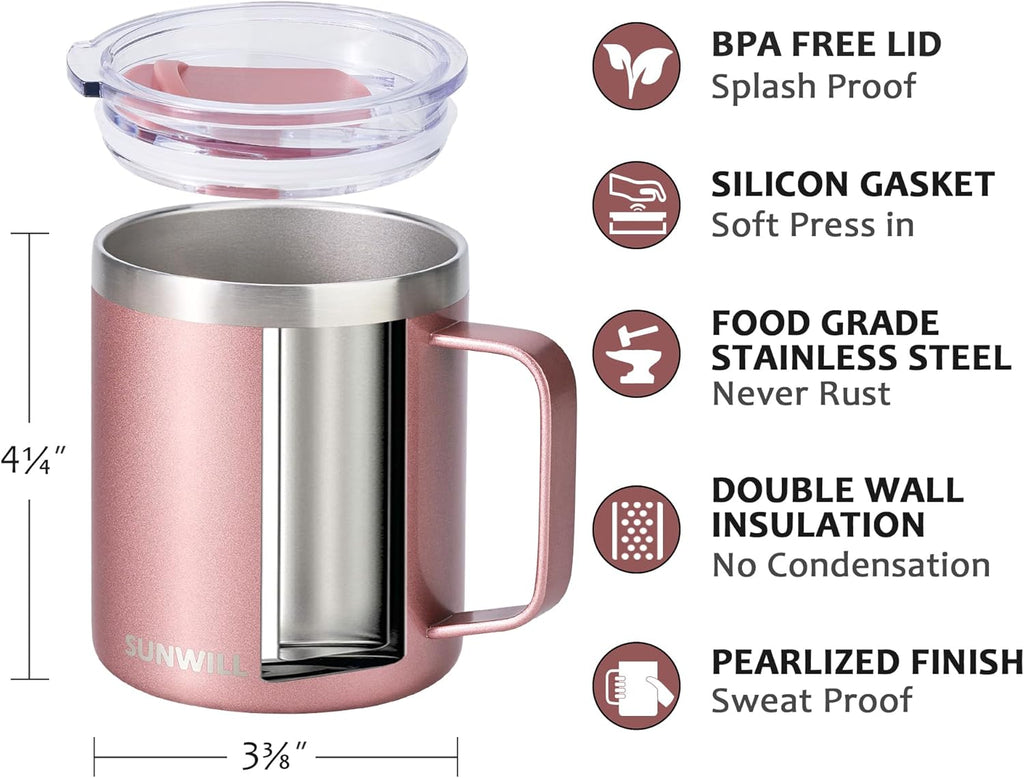 Travel Coffee Mug with Lid, Insulated Tumbler with Handle, 14 oz Stainless Steel Cup for Ice, Water, Tea, Rose Gold
